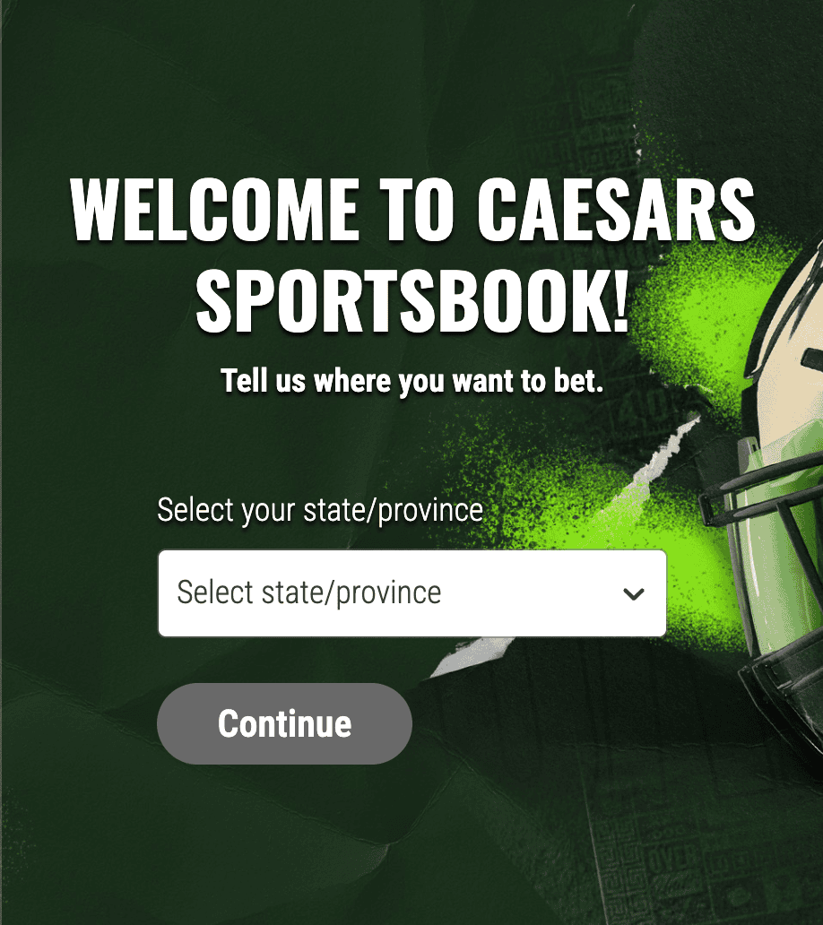 Caesars Select Your State menu for signing up for the sportsbook.